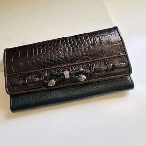 Brighton Vintage Black/Brown Pebbled Leather Croc Embossed Large Wallet